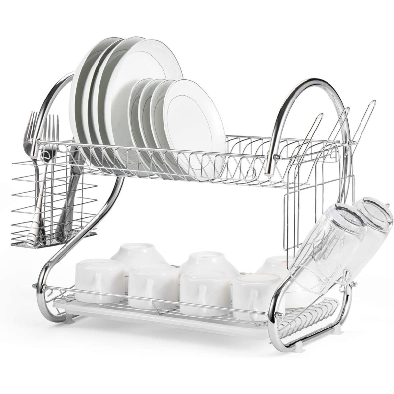 Rubik Dish Drying Rack, 2 Tier Stainless Steel Dish Rack with Utensil Holder, Glass, Cup, Cutlery Holder, and Dish Drainer for Kitchen Counter Top, Plated.
