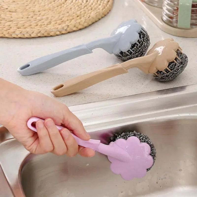 Flower Shape Stainless Steel Wire Ball Brush Sponges Scrubbers Metal Scouring Pads with Long Handle Pot Kitchen Hanging Strong Cleaner Steel Ball for Bathroom Pan