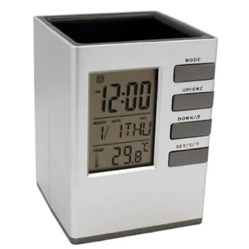 AlBizCo. Desk Organizer Table Clock Digital Pen Holder Alarm Clock Multipurpose