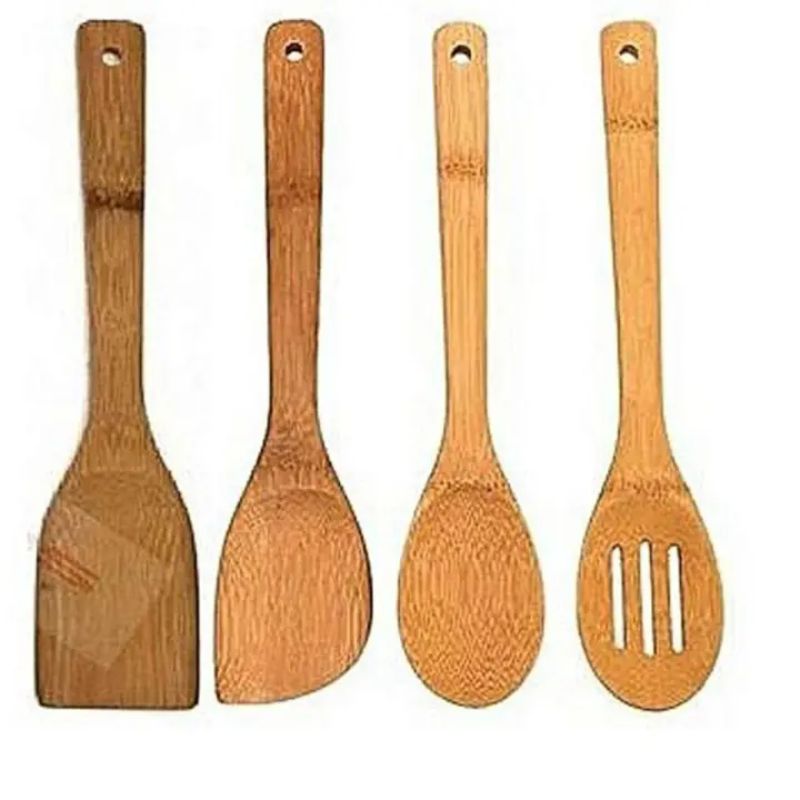 Premium Kitchen Cooking Utensils Wooden Bamboo Spoon Spatula, 4 Set of Bamboo Kitchen Tools.