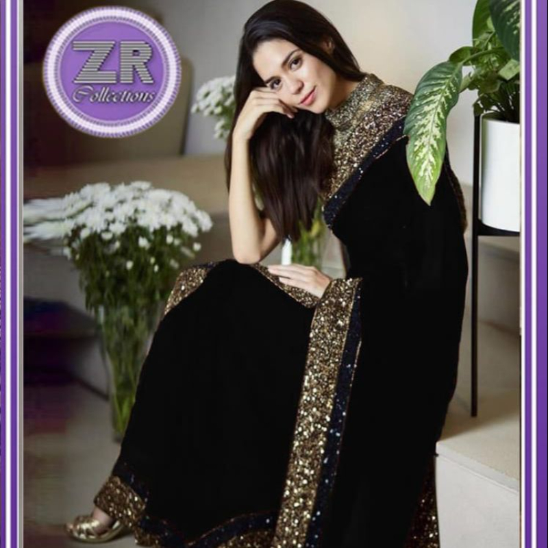 Unstitched Embroidered Chiffon Fancy with Net Blouse Saree