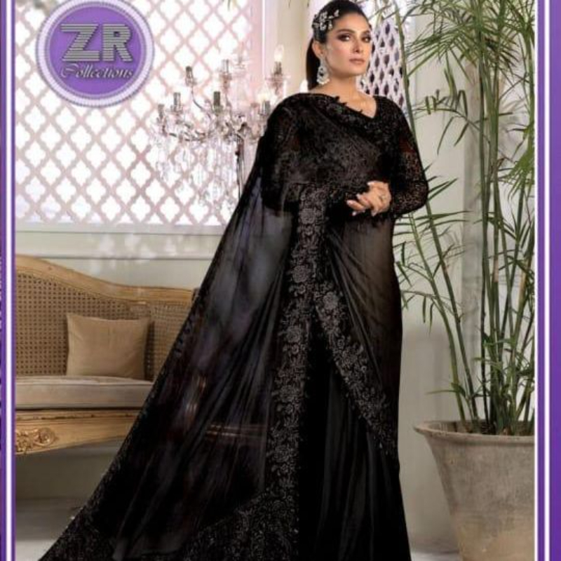 Embroidered Fancy Chiffon Unstitch Wedding Saree